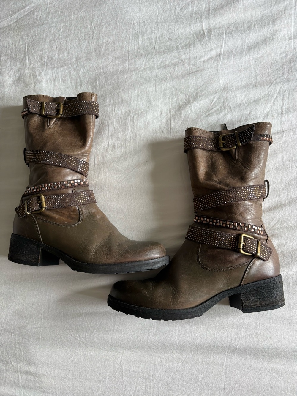 MJUS Distressed Leather Multi-Strap Studded Brown Combat Boots - EU 41